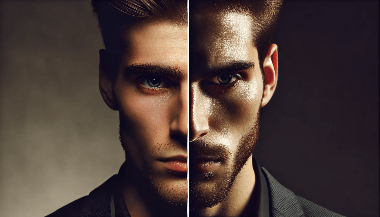 Split image showing contrasting emotions: deep thought on one side and determination on the other, highlighting emotional shifts