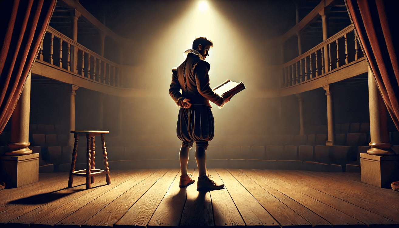 Lone stage actor dressed in traditional Elizabethan attire reads from an old manuscript under dramatic lighting, with a darkened theatrical background.