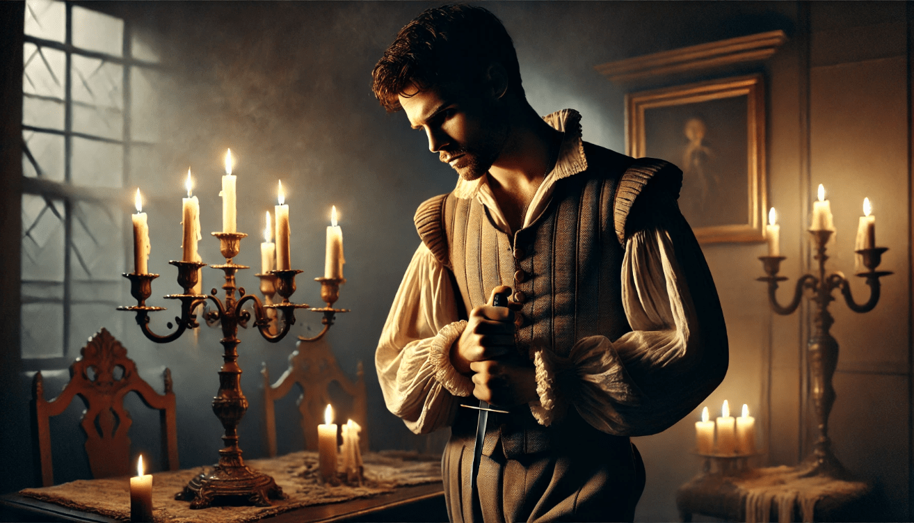 A brooding man in Renaissance attire stands in a dimly lit room, holding a dagger with both hands.