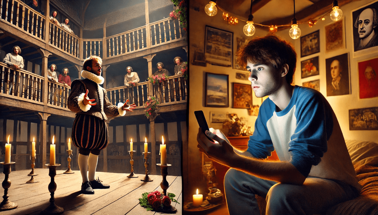 On the left, a Shakespearean actor in a ruffled collar and period costume passionately delivers a soliloquy on a candlelit stage inside an Elizabethan theater, with a dimly lit audience in wooden galleries