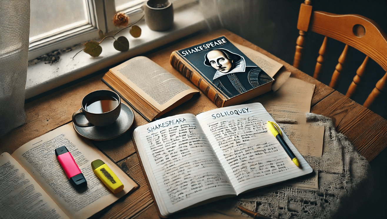 An open notebook filled with neat, handwritten notes analyzing a Shakespearean soliloquy lies on a wooden table