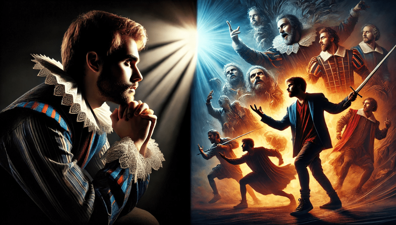Shakespearean character in soliloquy contrasting with an action scene, illustrating the balance between slow reflection and fast-paced moments in Shakespeare's plays