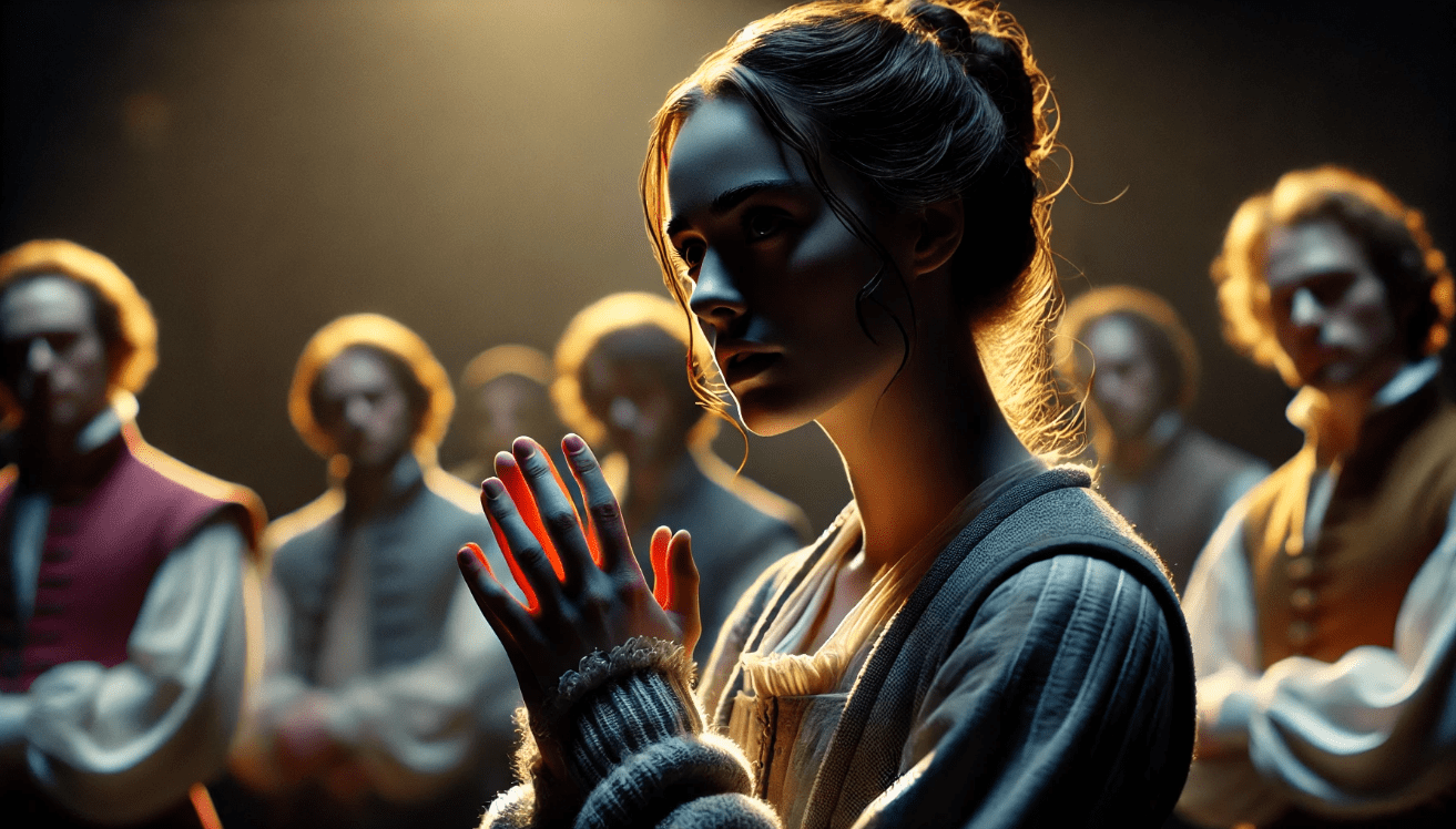 Shakespearean character, like Hamlet or Lady Macbeth, delivering a soliloquy, directly engaging the audience and creating an emotional connection.