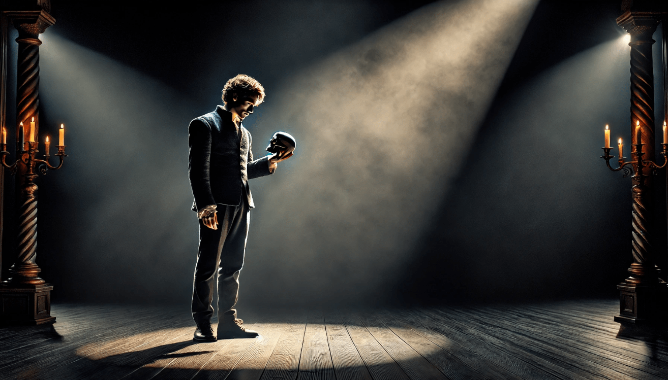Hamlet delivering the iconic ‘To be or not to be’ soliloquy, holding a skull under a spotlight, symbolizing existential reflection in Shakespeare's play