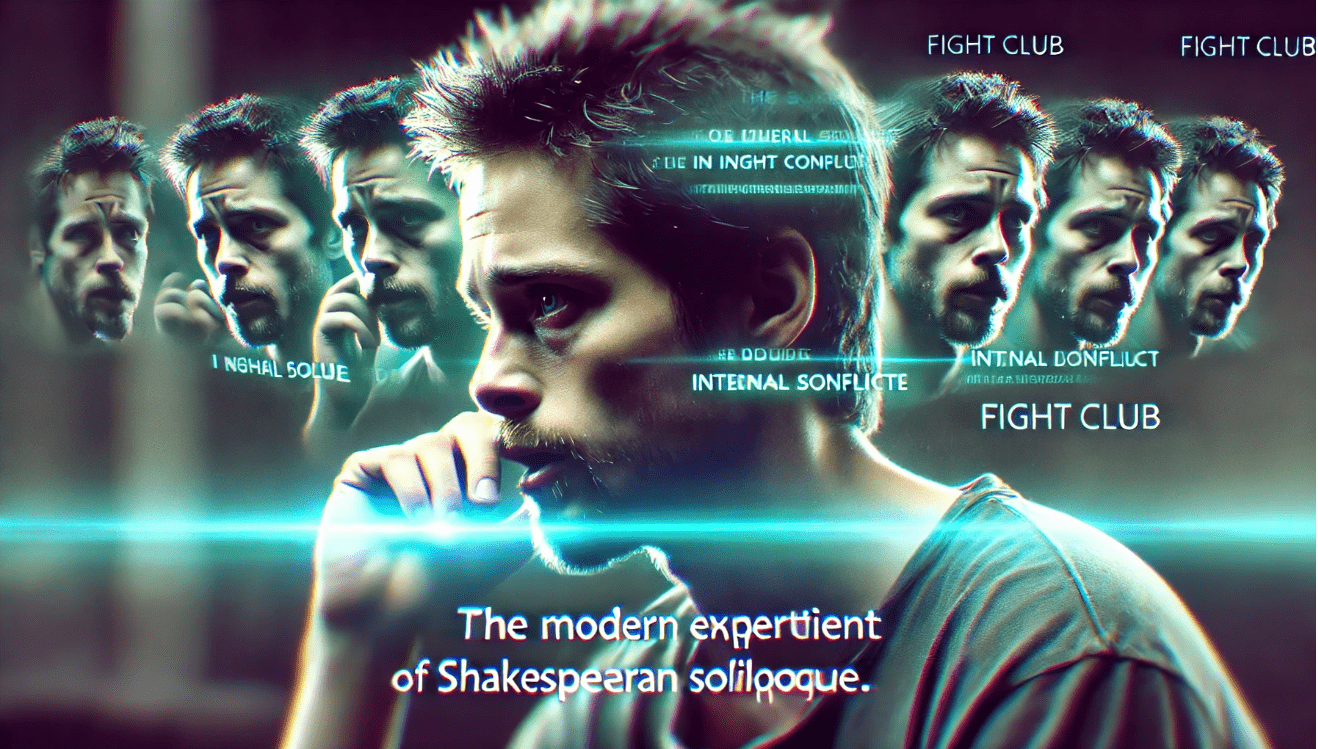 Modern film character delivering an inner monologue, using voiceover text to represent the influence of Shakespeare's soliloquies in contemporary storytelling