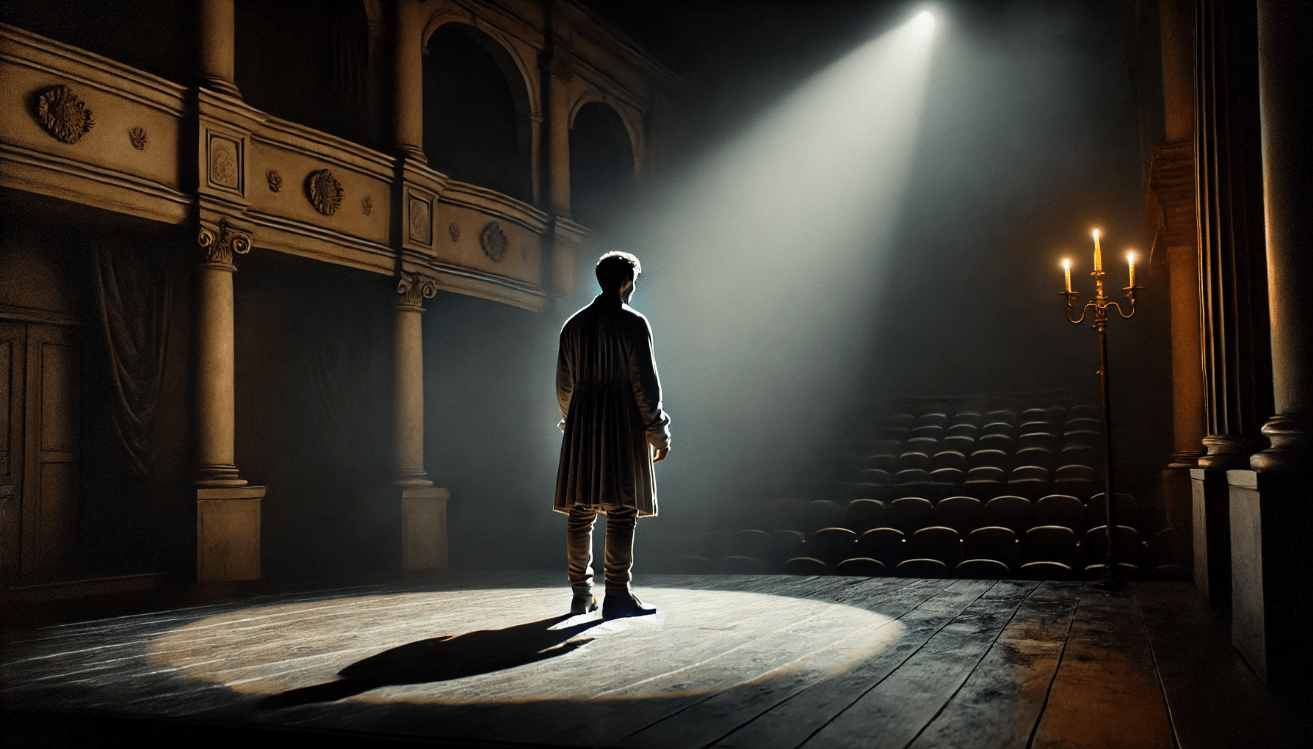A solitary actor is bathed in a single spotlight on a sparse stage, delivering a soliloquy
