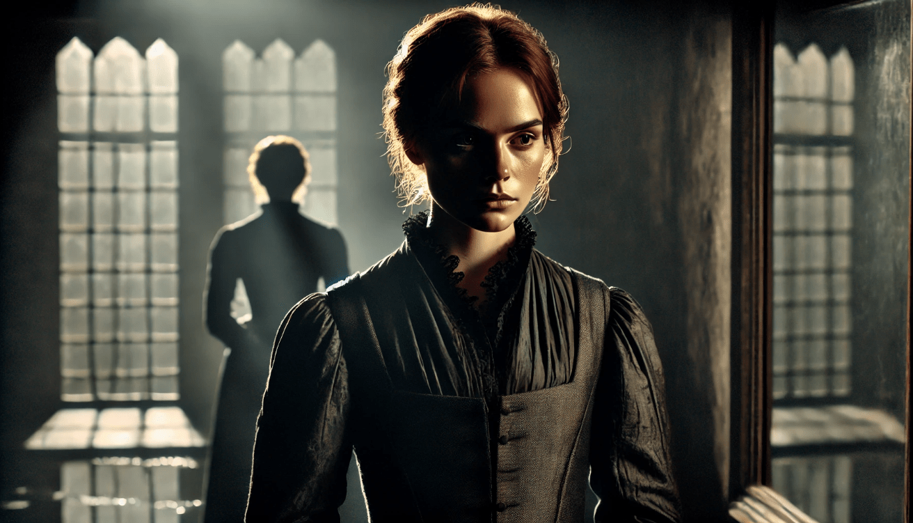 A Shakespearean character, embodying deep emotional conflict, stands in a reflective, darkened setting