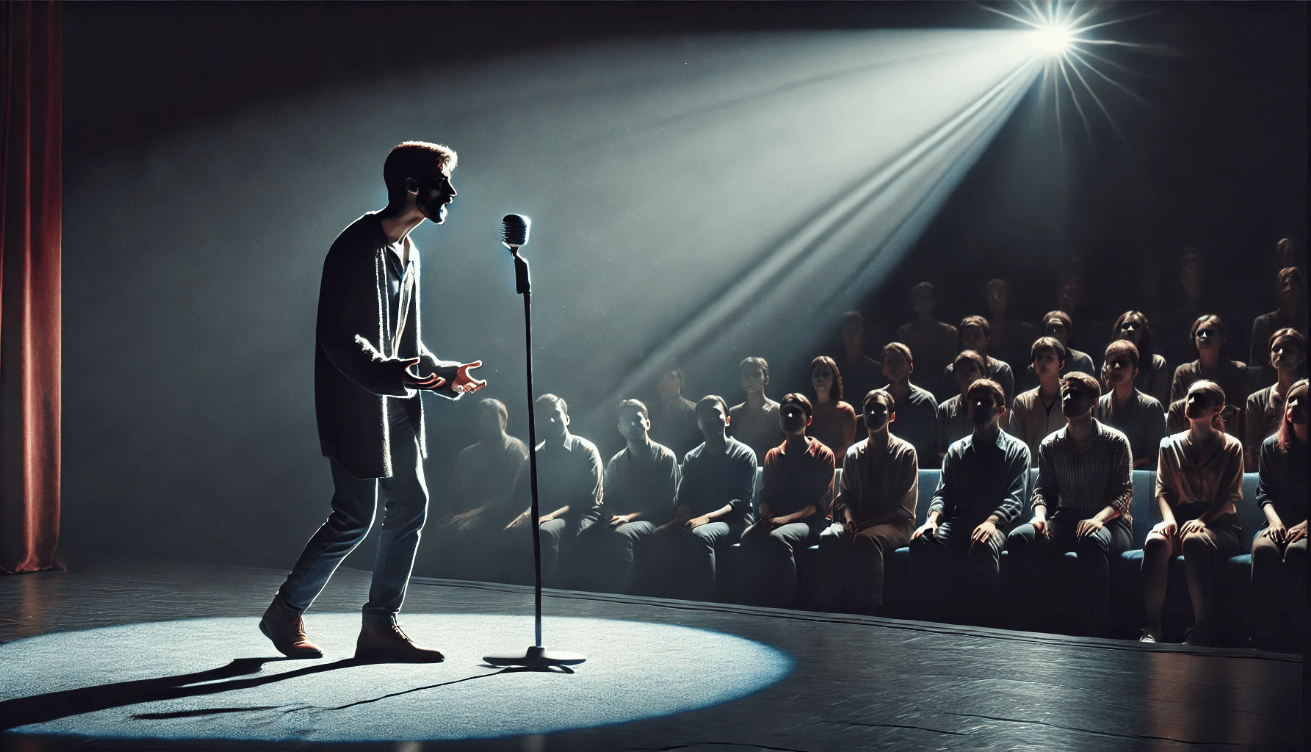 In a modern theater, a character stands under a spotlight, delivering a gripping monologue