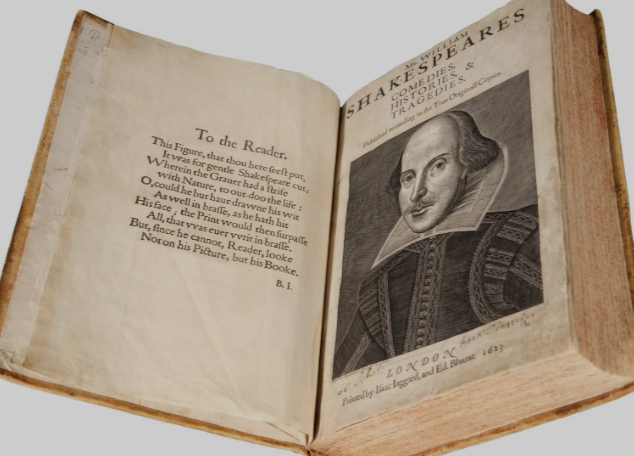 Open Shakespeare book with portrait."