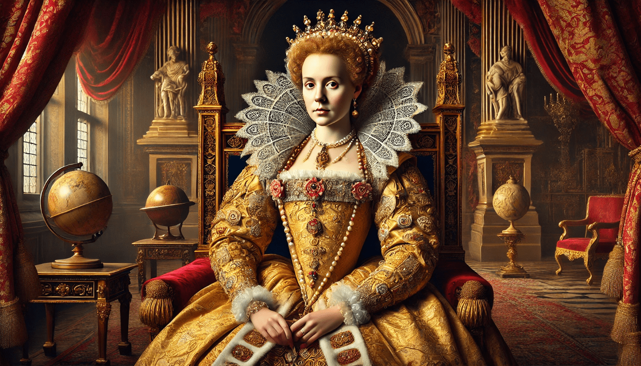 "Regal queen in ornate throne"