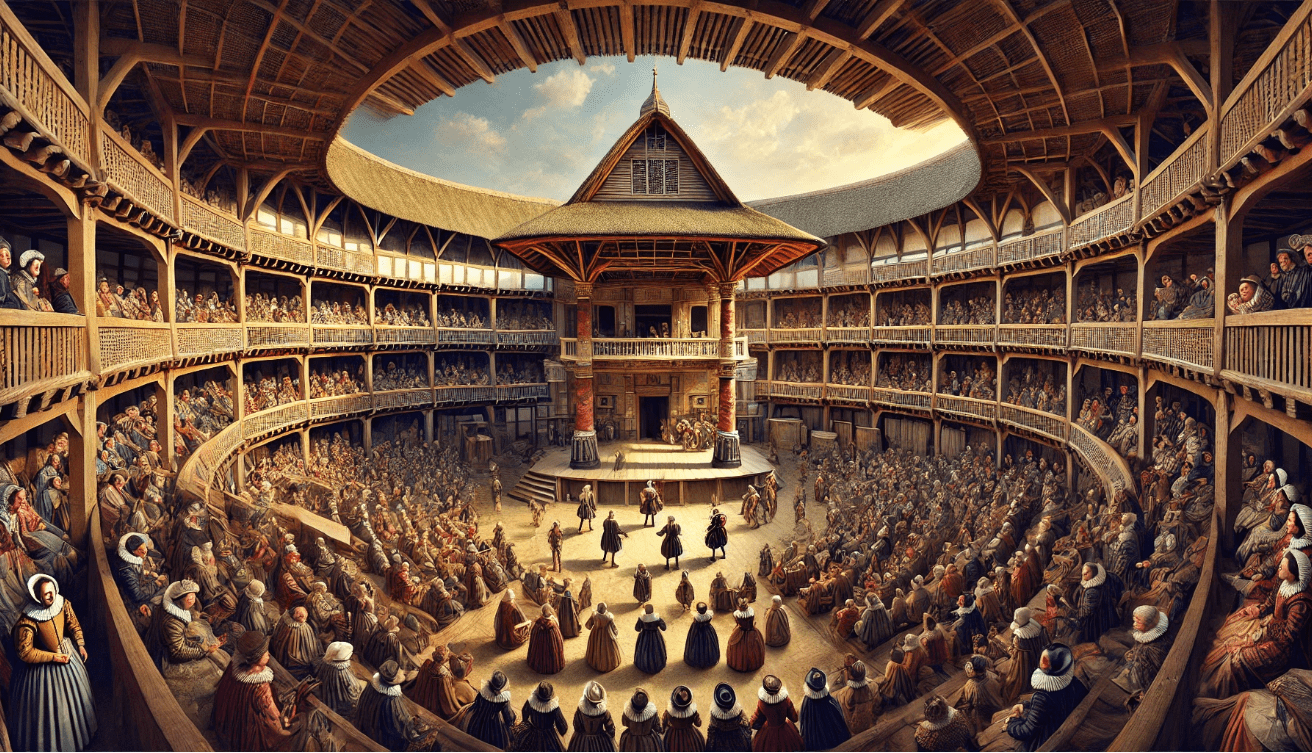 "Elizabethan theatre performance crowd"