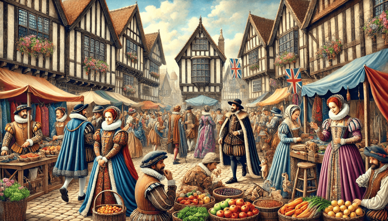 "Bustling Elizabethan market scene"