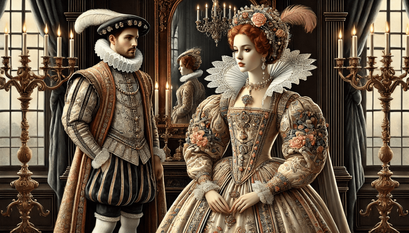 "Elizabethan couple in ornate room"