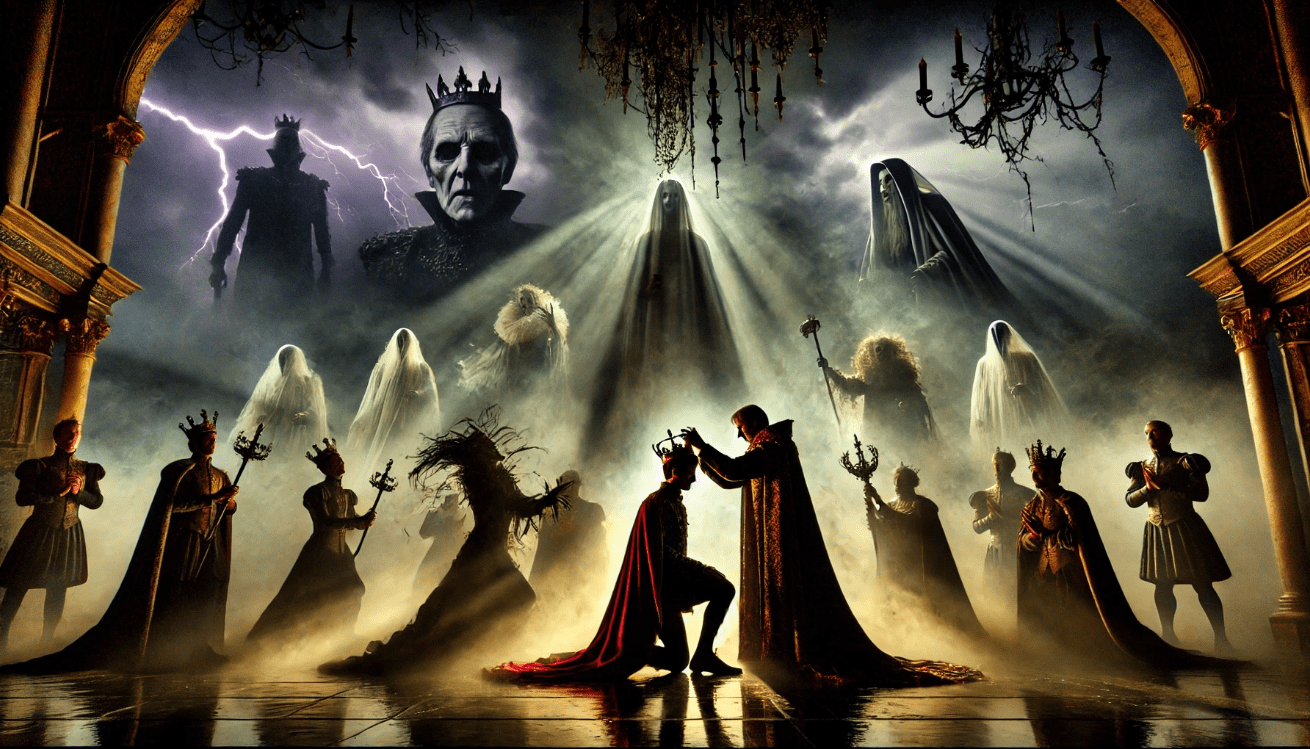 "Dark coronation with ghostly figures"