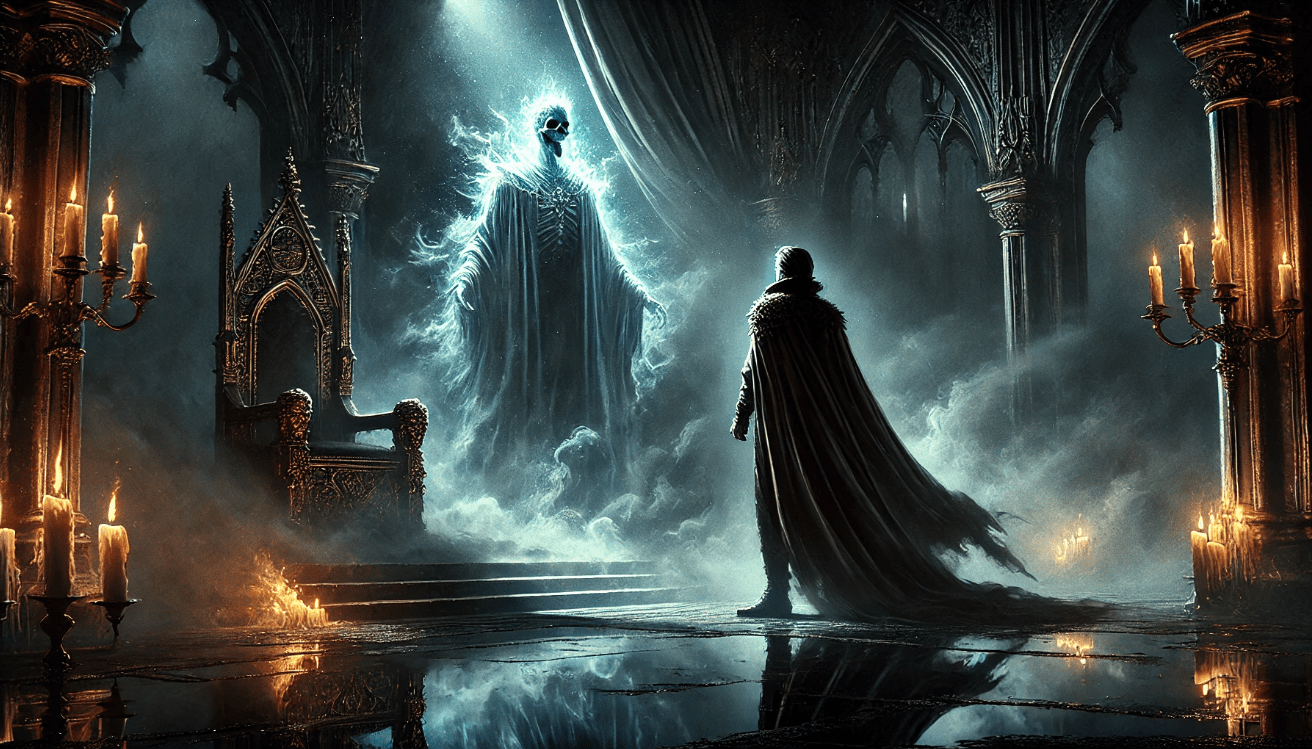 "Ghostly figure in throne room"