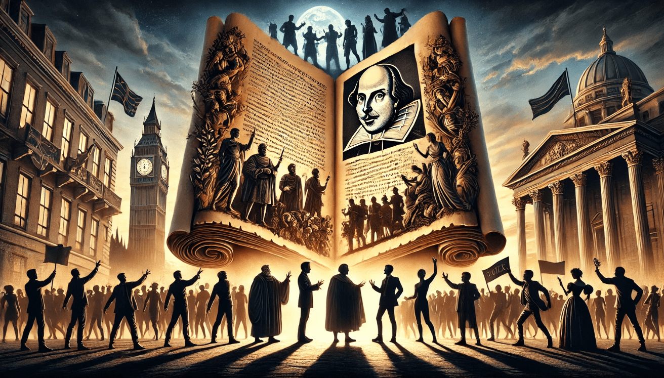 "Shakespeare book with crowd"