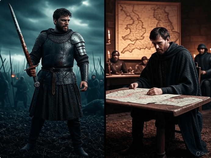 Knight on battlefield, strategist mapping.