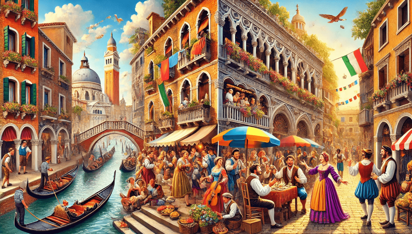 Vibrant Venetian market scene.
