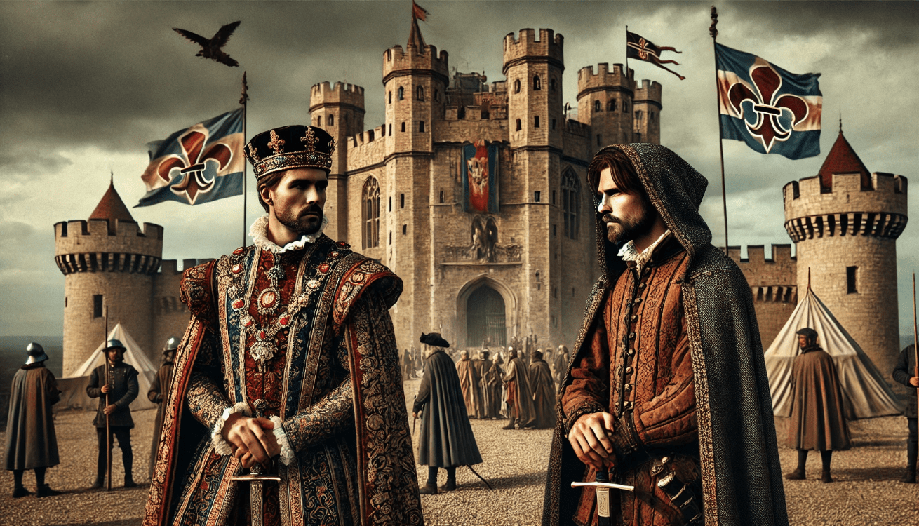 Regal figures at castle.
