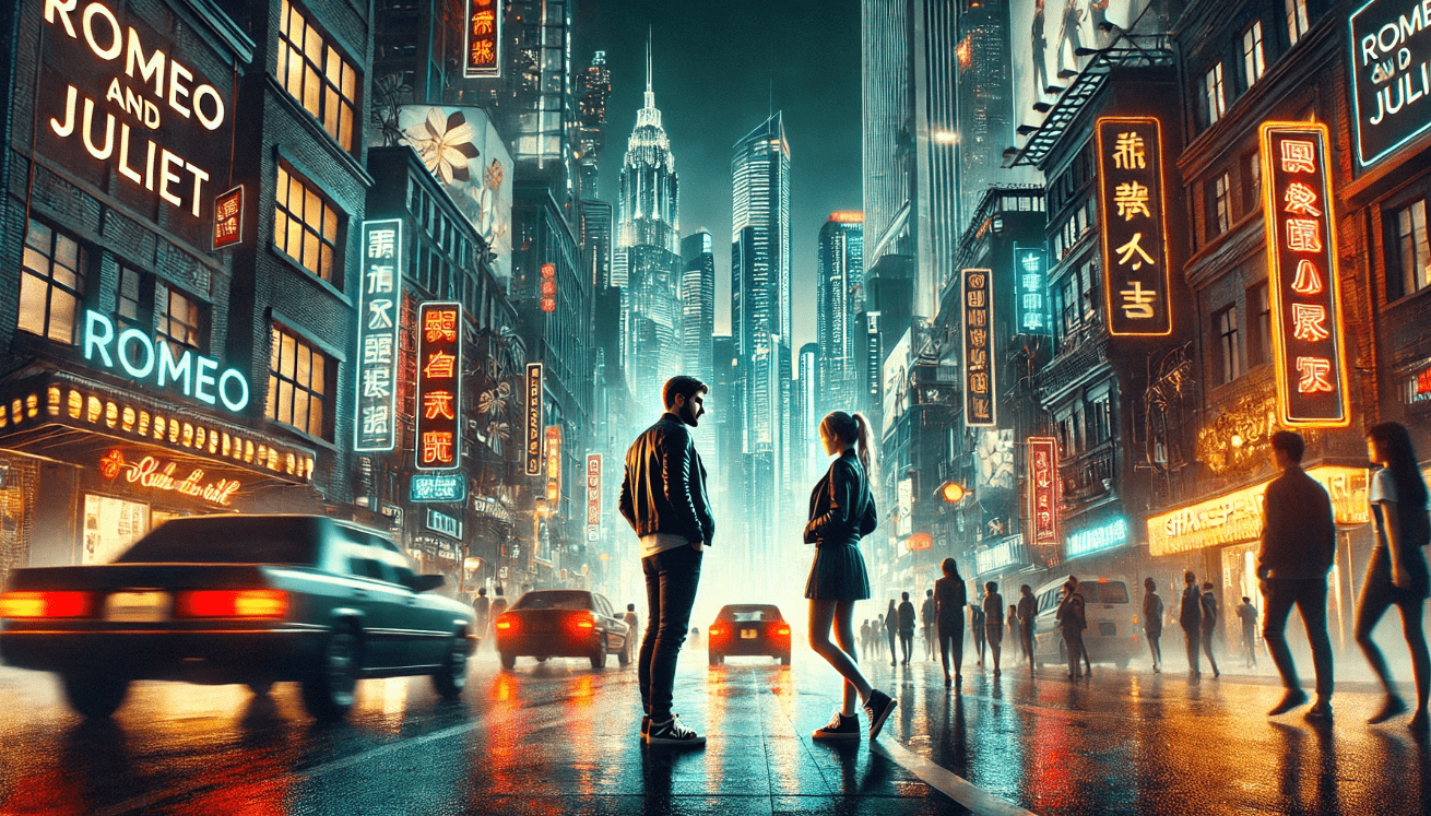 Neon city couple meeting.