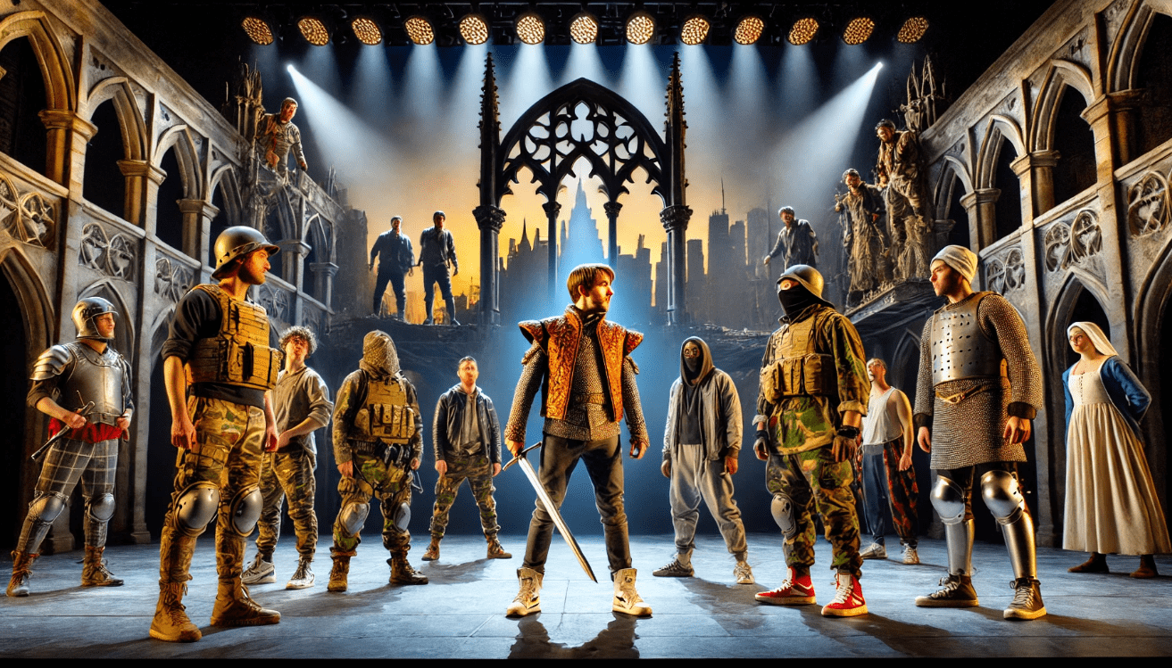 Diverse soldiers on stage.