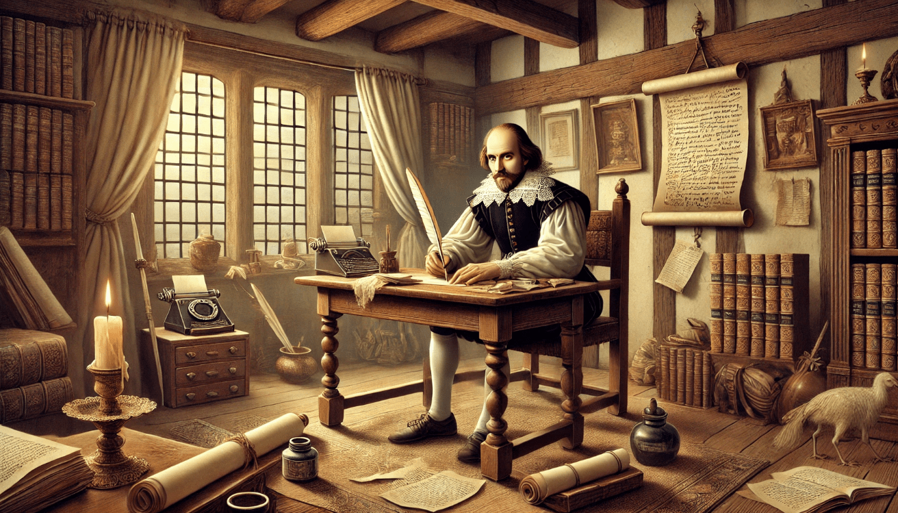 Shakespeare writing by candlelight