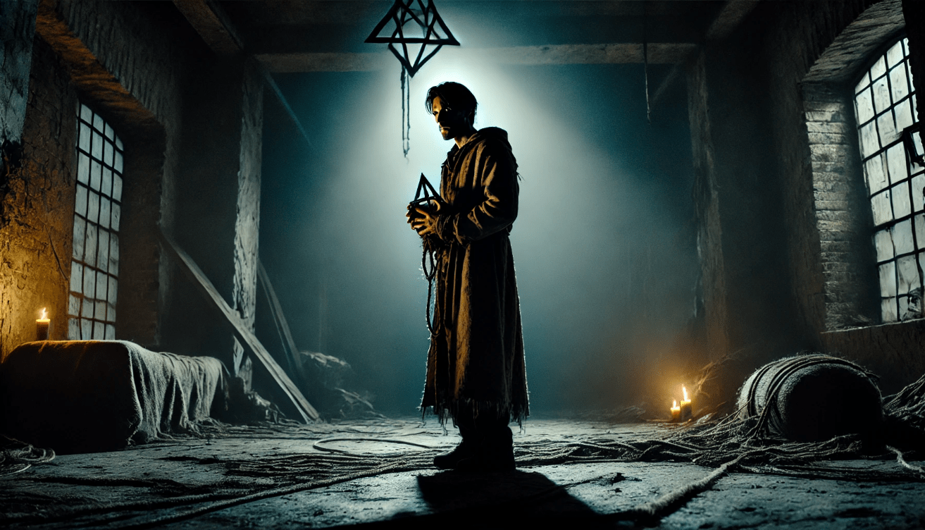 Solitary figure holding skull
