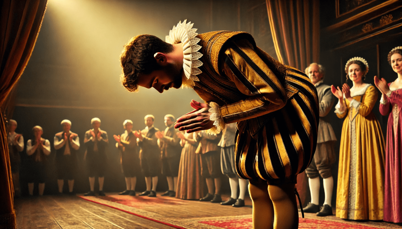 Shakespearean actor bowing emotionally