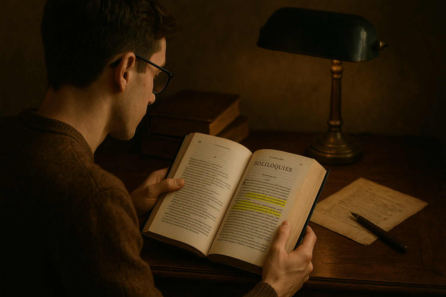 Student analyzing a Shakespearean soliloquy in a vintage study setting, focusing on key passages in the play