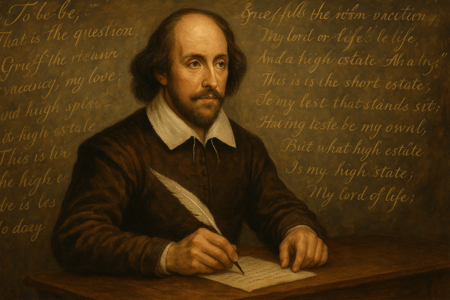 William Shakespeare writing soliloquies, surrounded by swirling texts from his plays
