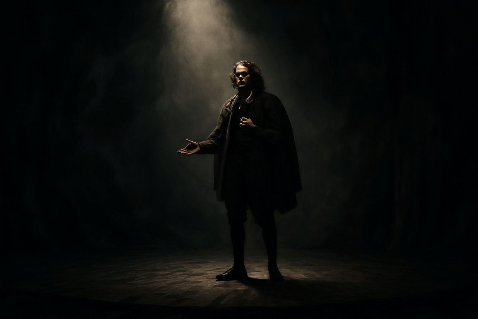 Actor performing a soliloquy under a single spotlight on a moody stage