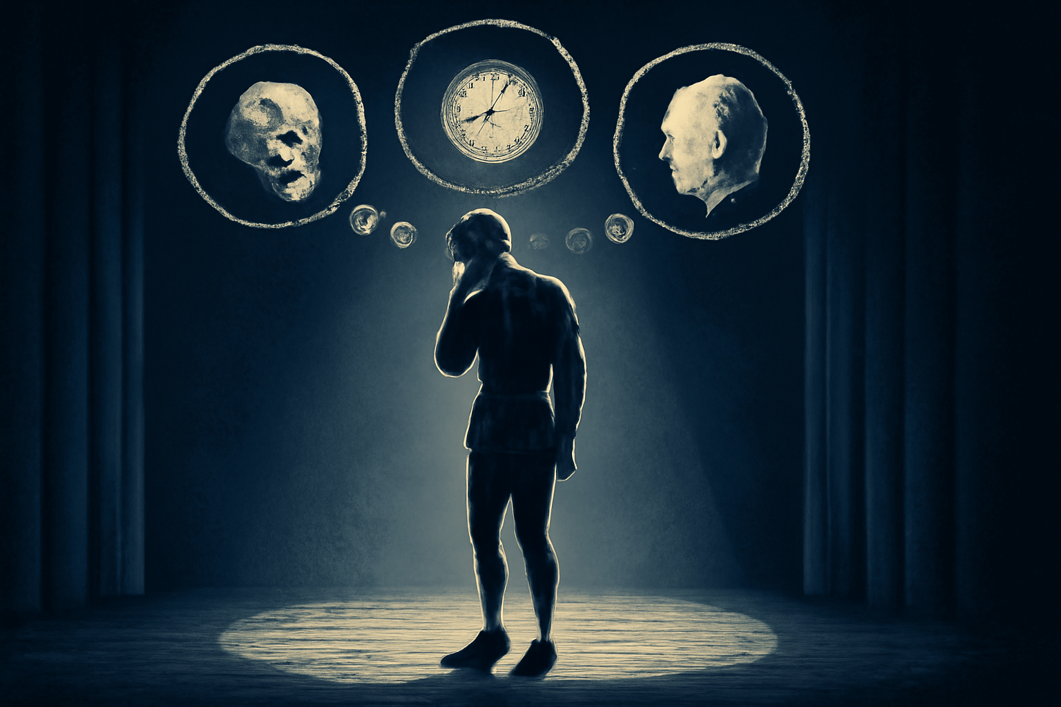 "A solitary figure on a dimly lit stage