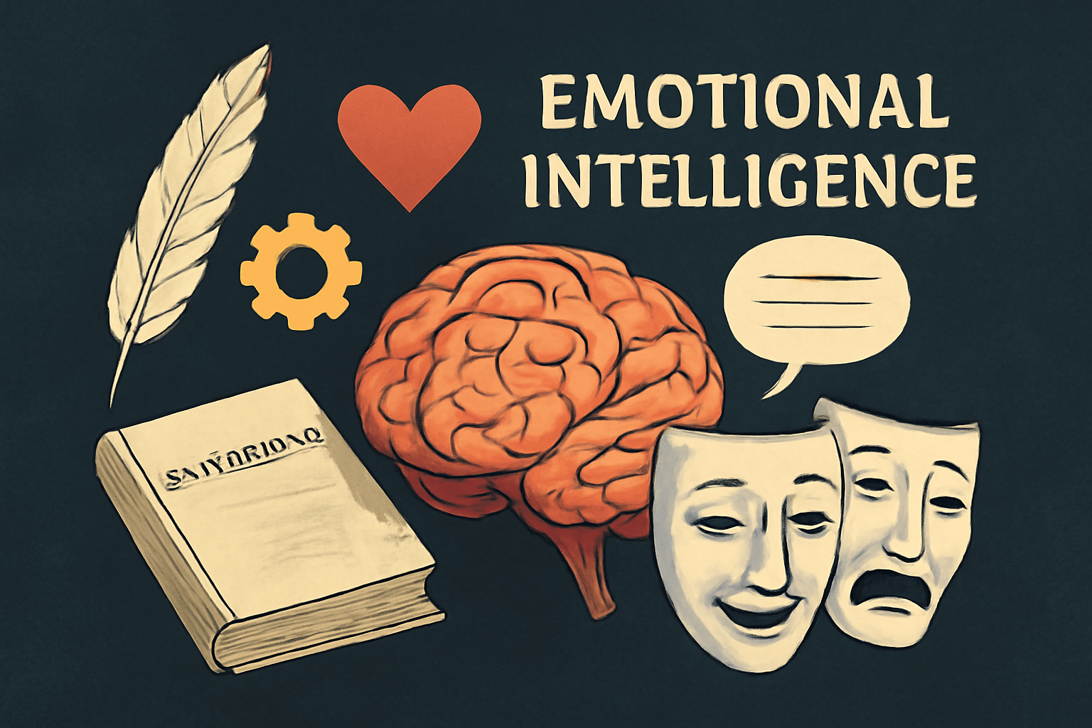 Digital illustration blending emotional intelligence symbols like a brain