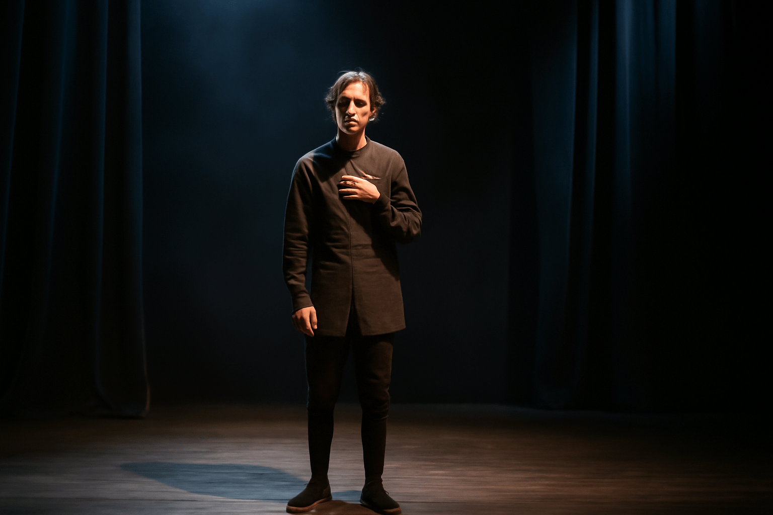 Actor delivering a soliloquy on stage under a spotlight