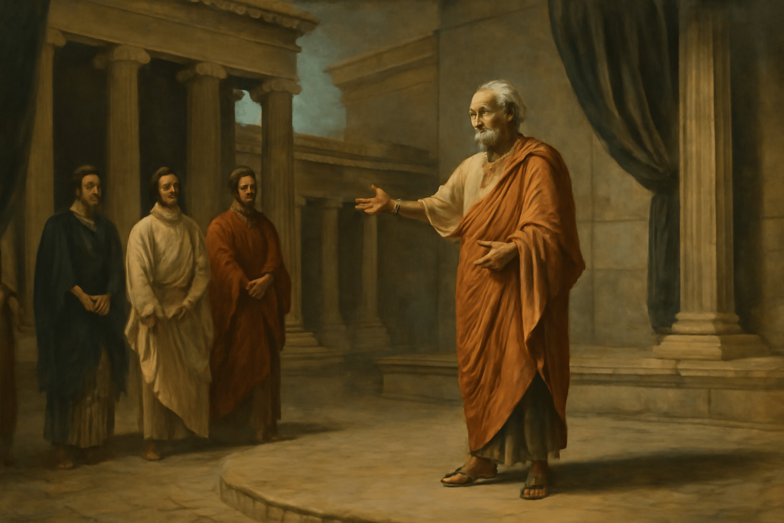 Ancient Greek theatre scene with an actor in traditional robes delivering a soliloquy