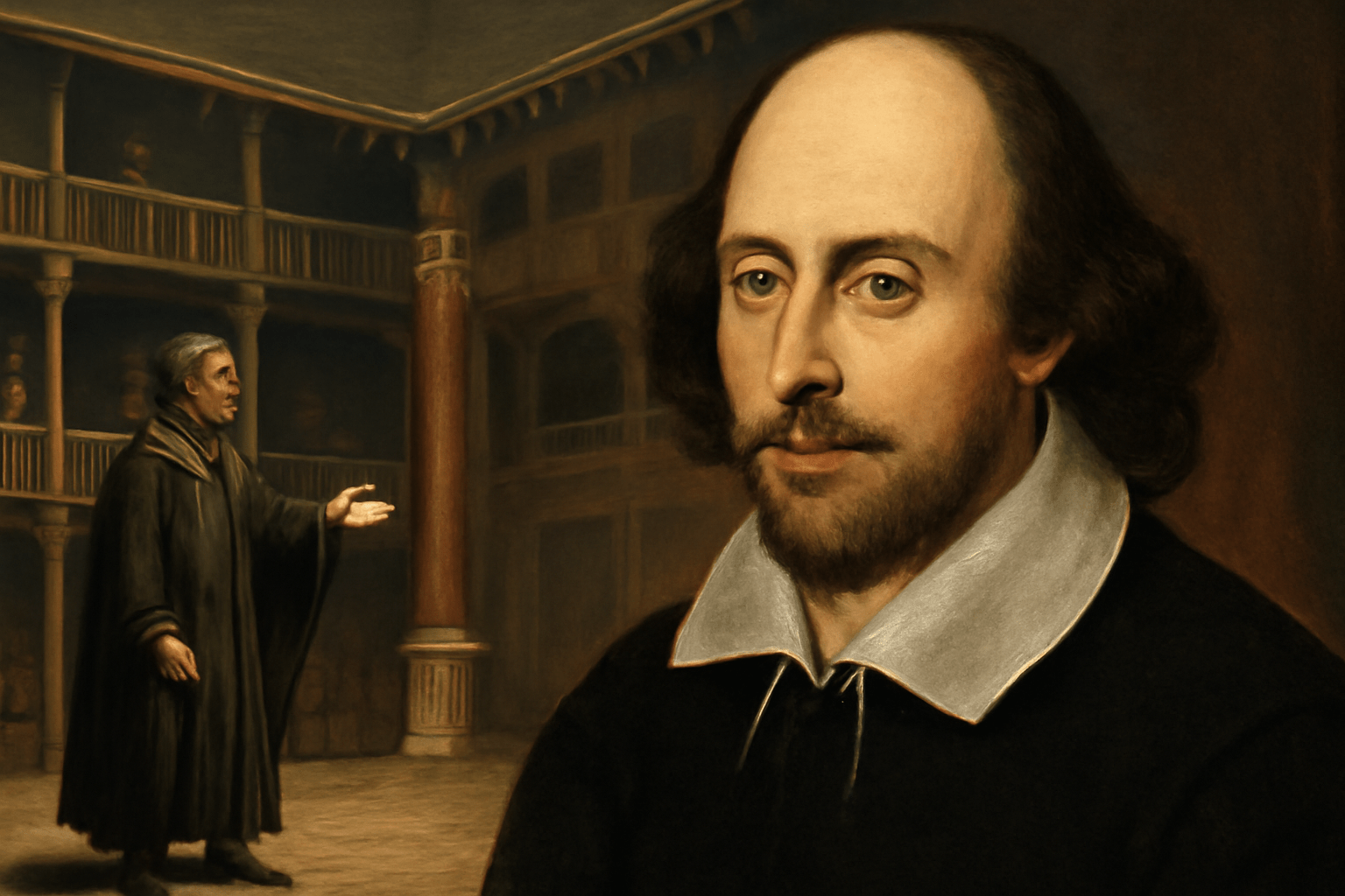 Portrait of William Shakespeare with an actor delivering Hamlet's 'To be or not to be' soliloquy on stage at the Globe Theatre