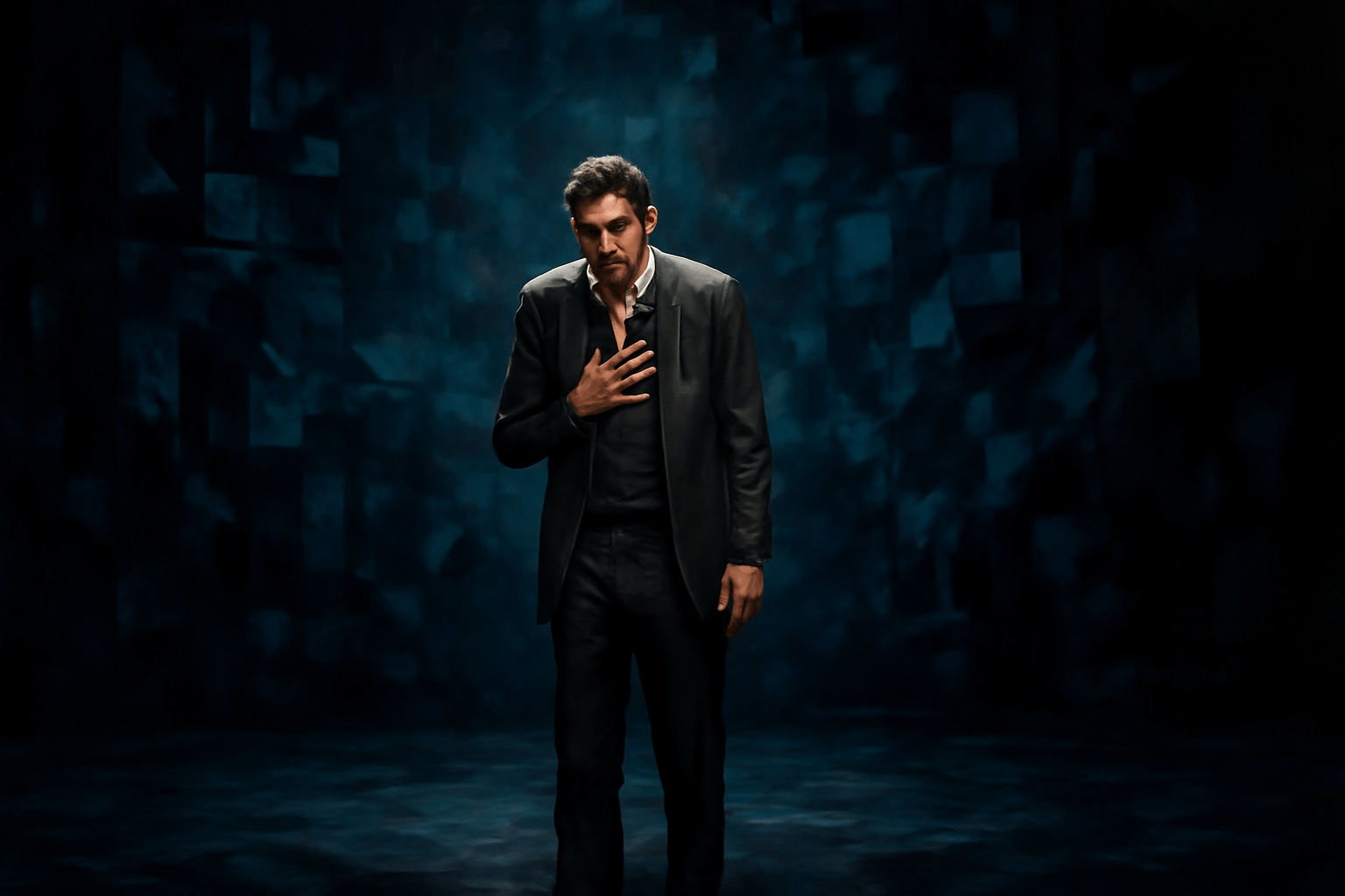 Actor on a modern theatre stage delivering a soliloquy