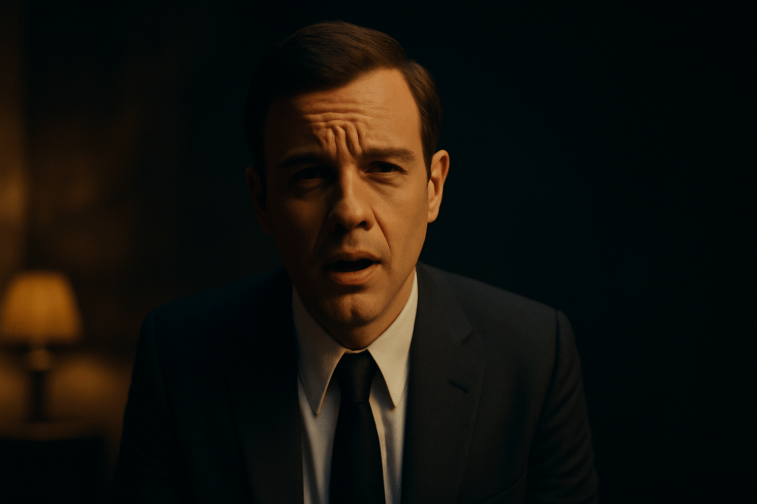 Actor delivering a soliloquy directly to the camera in a cinematic scene