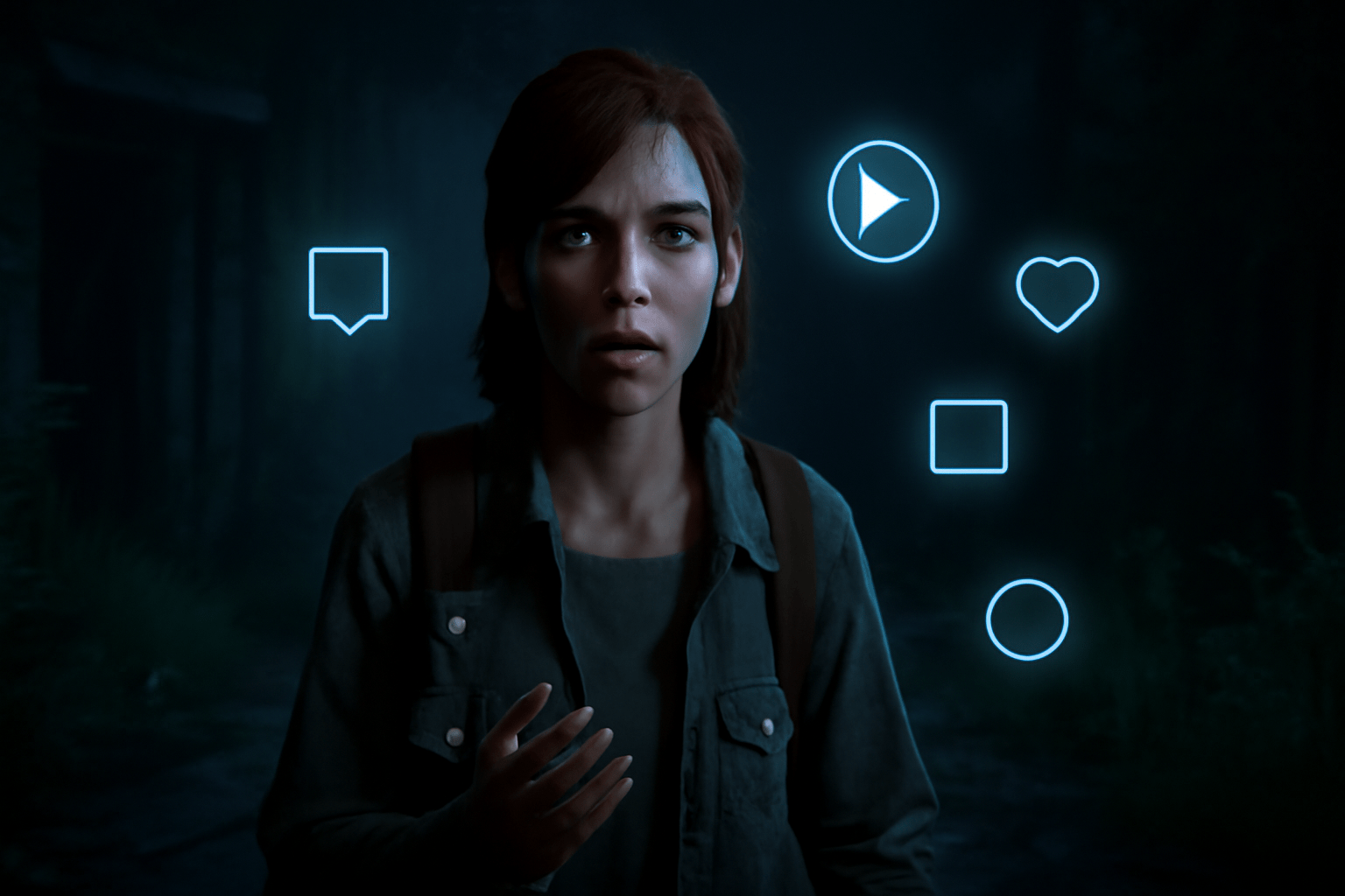 Video game character in a post-apocalyptic setting delivering a soliloquy