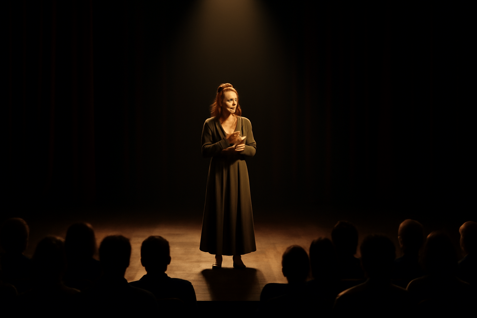 Actress delivering an emotional soliloquy on stage
