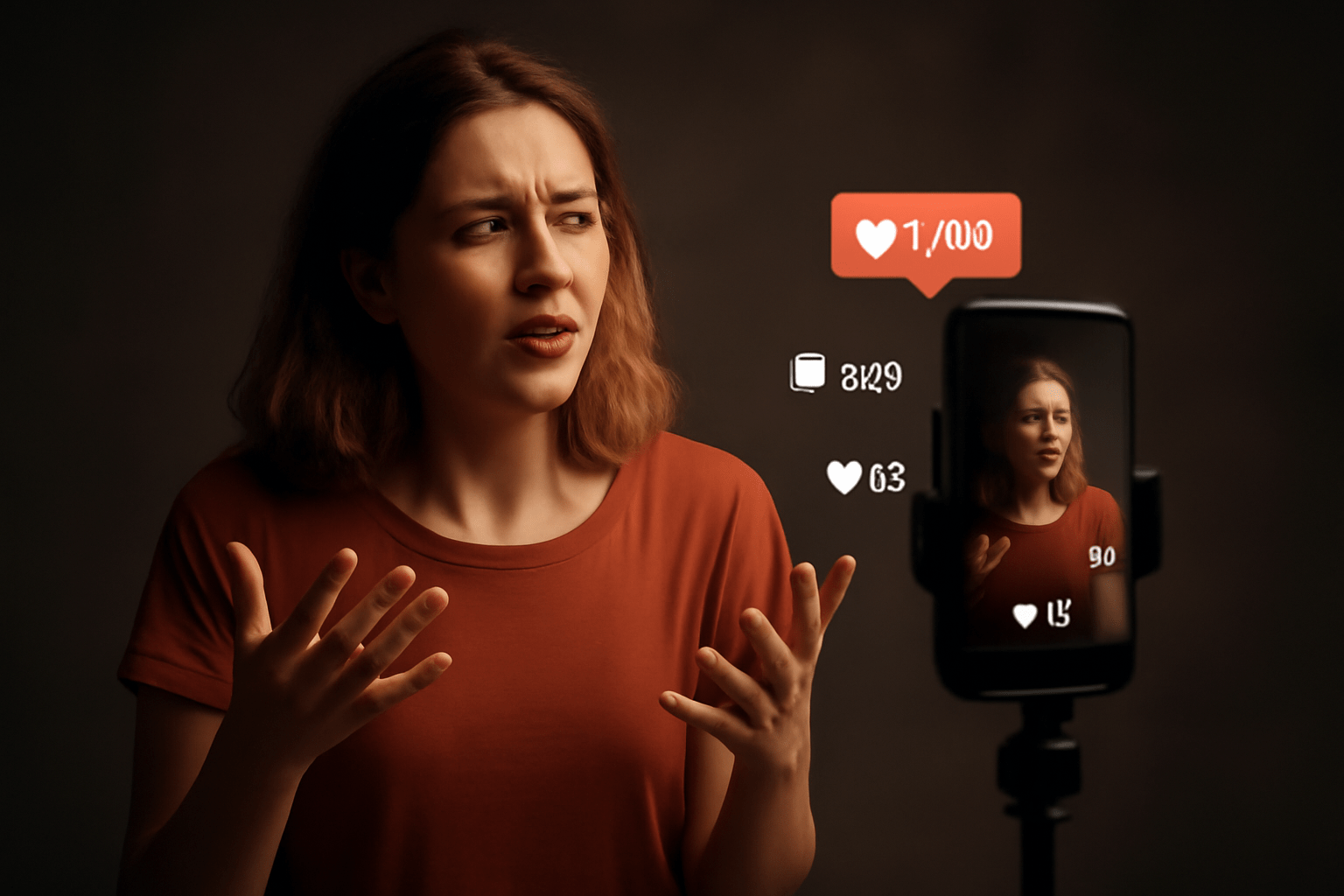 Social media influencer delivering a soliloquy to their audience via smartphone