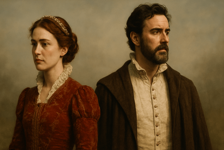 Two Shakespearean actors in Elizabethan costumes standing apart