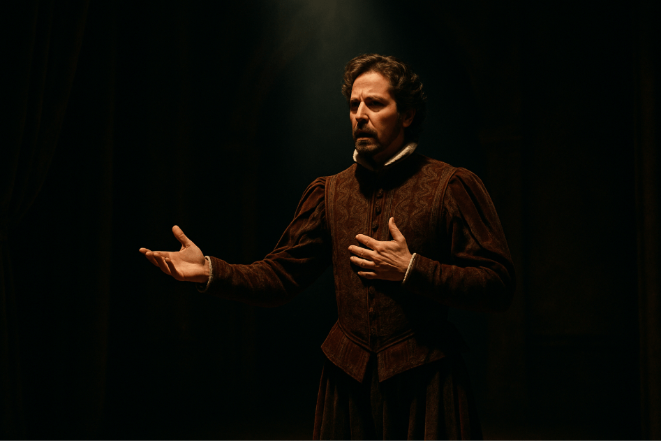Shakespearean actor delivering an emotional soliloquy on a dimly lit stage in traditional Elizabethan costume