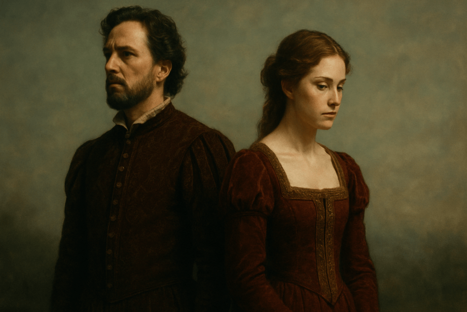 Two Shakespearean characters in traditional Elizabethan attire standing apart