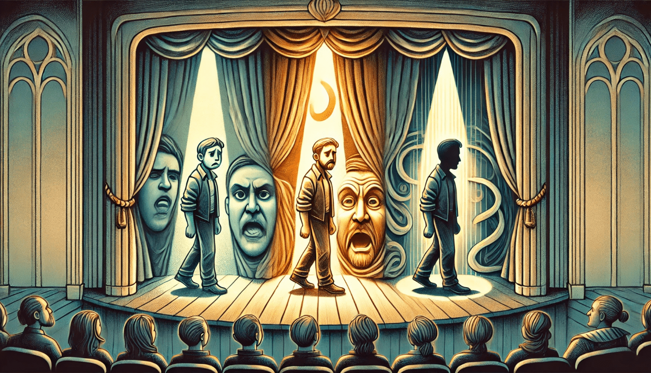 Symbolic illustration of a Shakespearean character on a theater stage