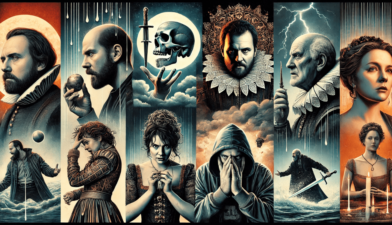 Collage illustration of five iconic Shakespearean characters: Hamlet holding a skull