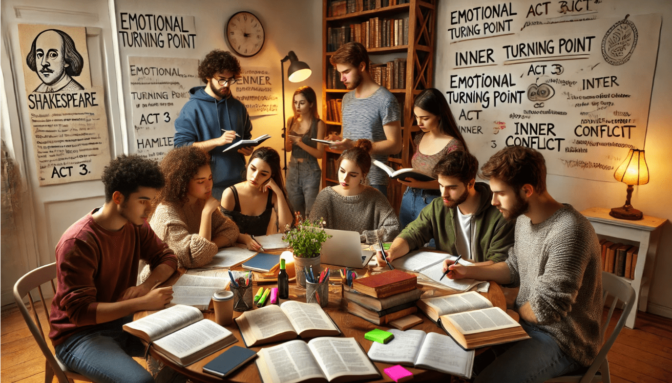 Diverse group of high school or college students studying Shakespeare together in a cozy study space