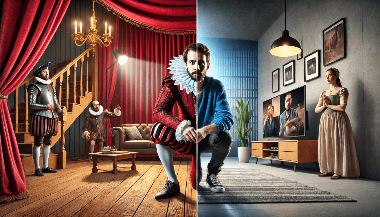 Split scene showing a Shakespearean actor in Elizabethan costume delivering a soliloquy on a classic stage with red curtains