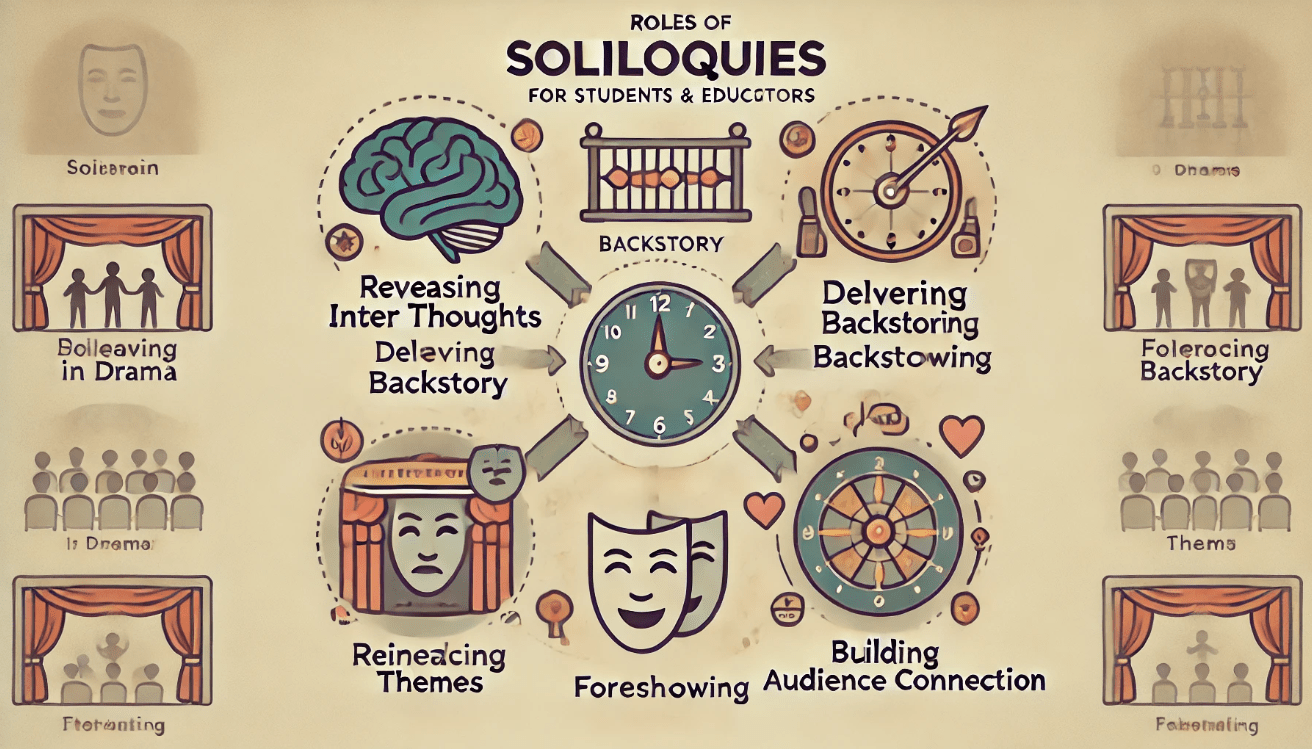 Educational diagram illustrating five roles of soliloquies in drama