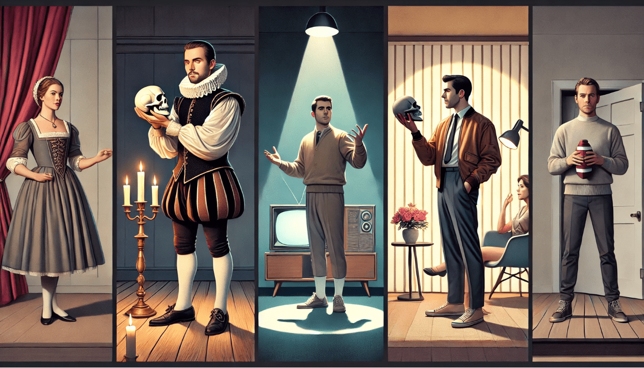 Collage showing the evolution of soliloquy: a Shakespearean actor holding a skull